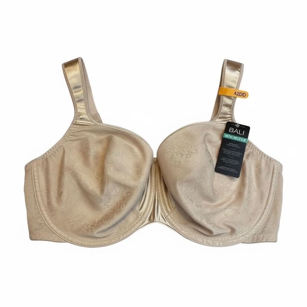 NWT Bali 42DD Beige Satin Jacquard Full Coverage Minimizer Bra Padded Straps